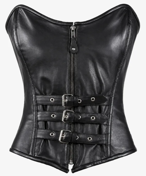 Women's Strapless Lambskin Leather Corset With Zip, Buckle & Lace