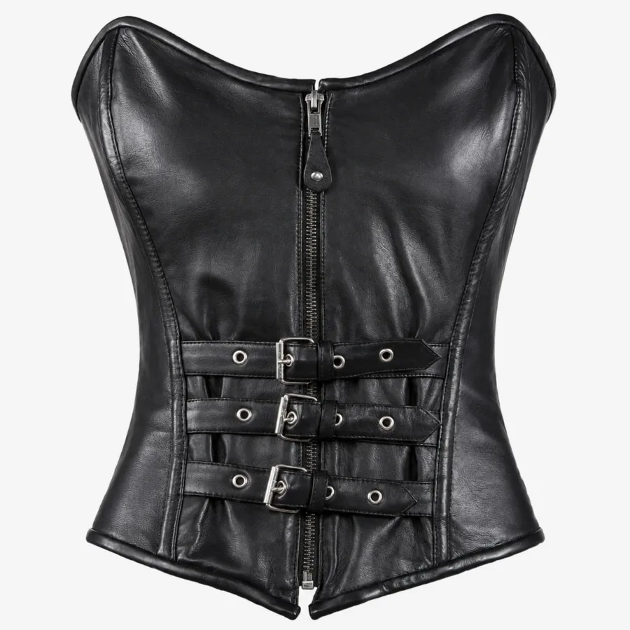 Women's Strapless Lambskin Leather Corset With Zip, Buckle & Lace