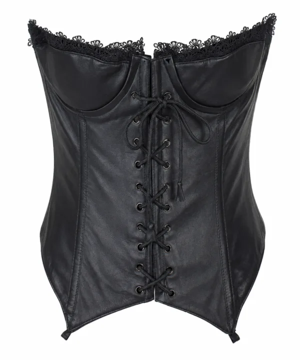 Women's Black Genuine Leather & Lace Biker Corset