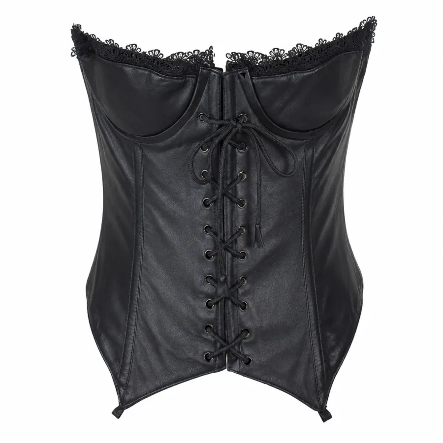 Women's Black Genuine Leather & Lace Biker Corset
