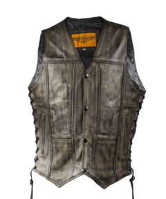 Mens Distressed Brown Motorcycle Vest With 10 Pockets