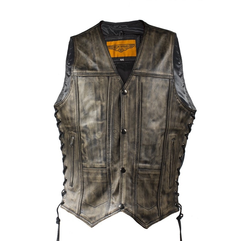Mens Distressed Brown Motorcycle Vest With 10 Pockets – Hasbro Leather ...