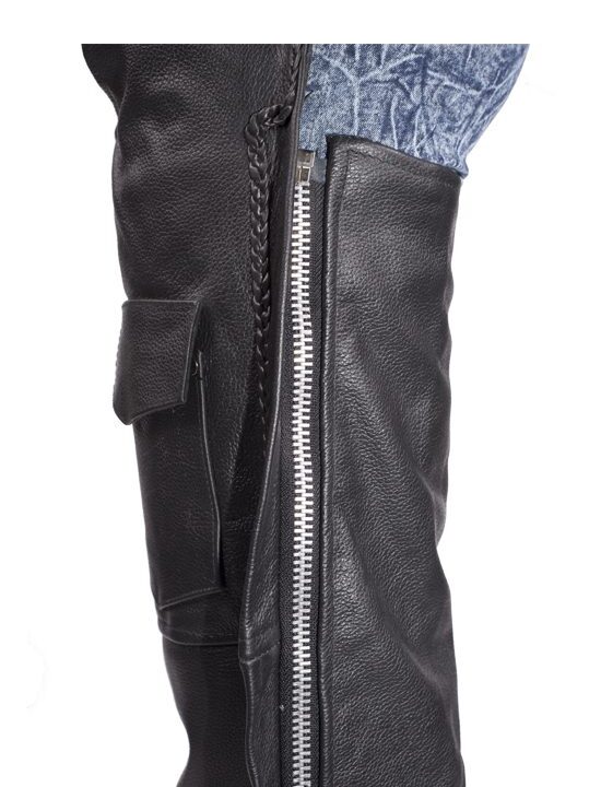 Motorcycle Leather Chaps With Braid & Removable Thermal Liner — alternate view 3, Hasbro Leather