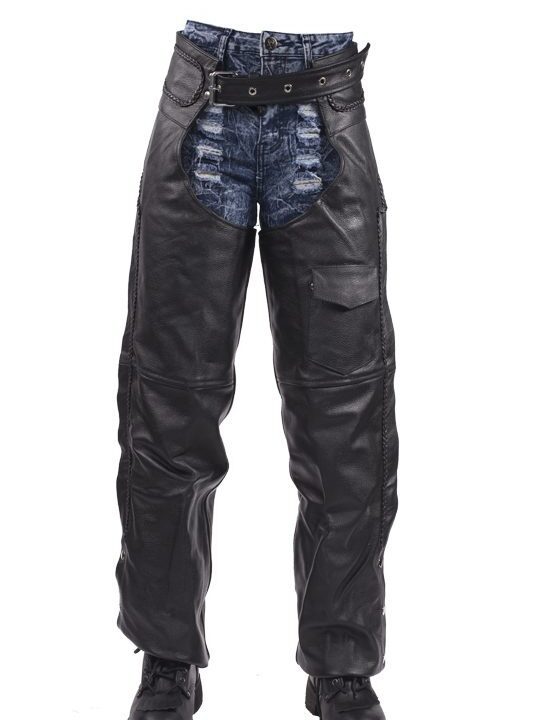 Motorcycle Leather Chaps With Braid & Removable Thermal Liner — alternate view 2, Hasbro Leather