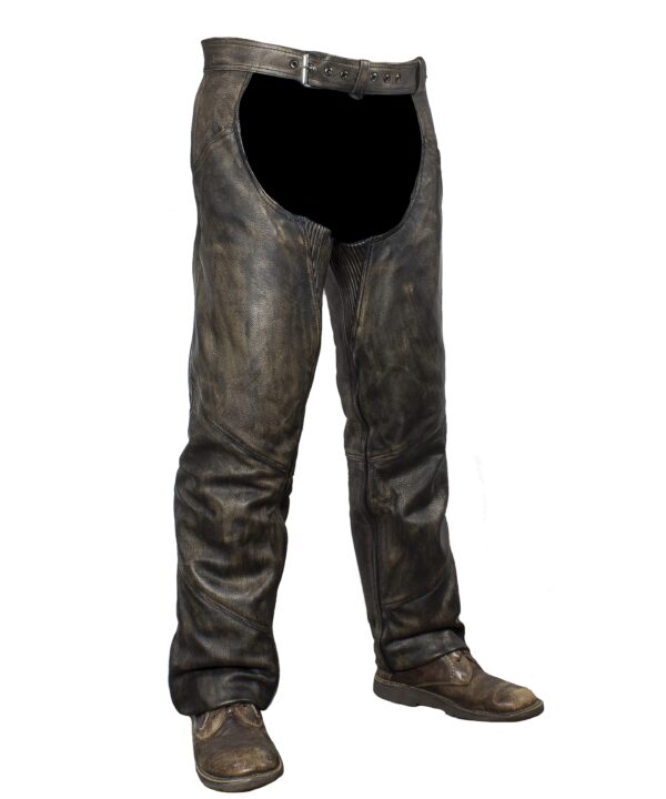 Distressed Brown Leather Motorcycle Chaps With Matching Leather Belt — Pants & Chaps, Hasbro Leather