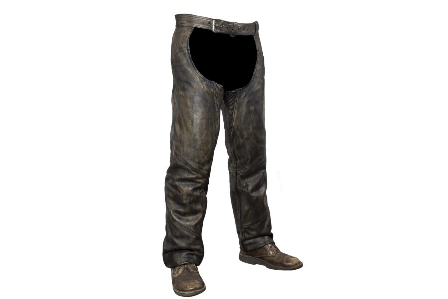 Distressed Brown Leather Motorcycle Chaps With Matching Leather Belt — Pants & Chaps, Hasbro Leather