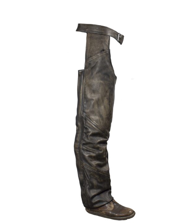 Distressed Brown Leather Motorcycle Chaps With Matching Leather Belt — alternate view 2, Hasbro Leather