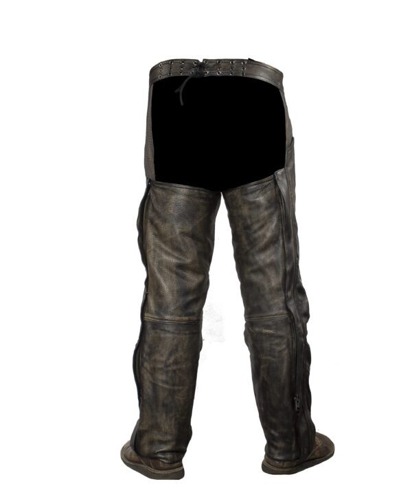 Distressed Brown Leather Motorcycle Chaps With Matching Leather Belt — alternate view 3, Hasbro Leather