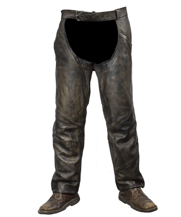 Distressed Brown Leather Motorcycle Chaps With Matching Leather Belt — alternate view 4, Hasbro Leather
