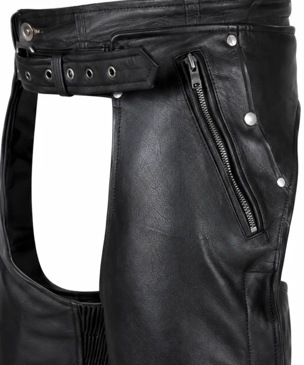 Alternative view of Dream Apparel Black 100% Genuine Leather Motorcycle Chaps Zip-Out Liner, 4 Pockets Biker Pants