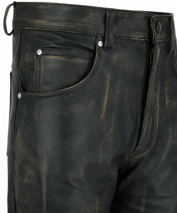 Mens Distressed Brown Leather Motorcycle Pants - Image 3