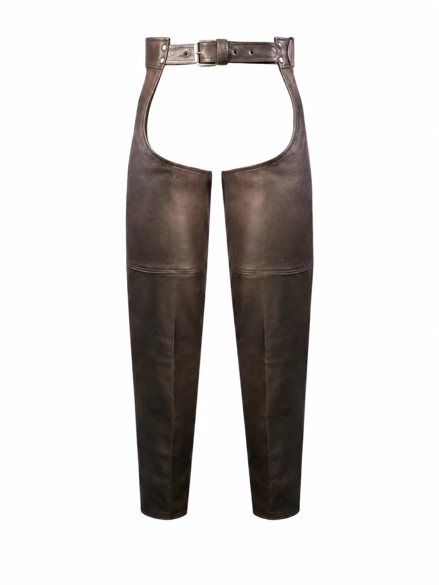 Mens Brown Leather Motorcycle Chaps Premium Cowhide Leather