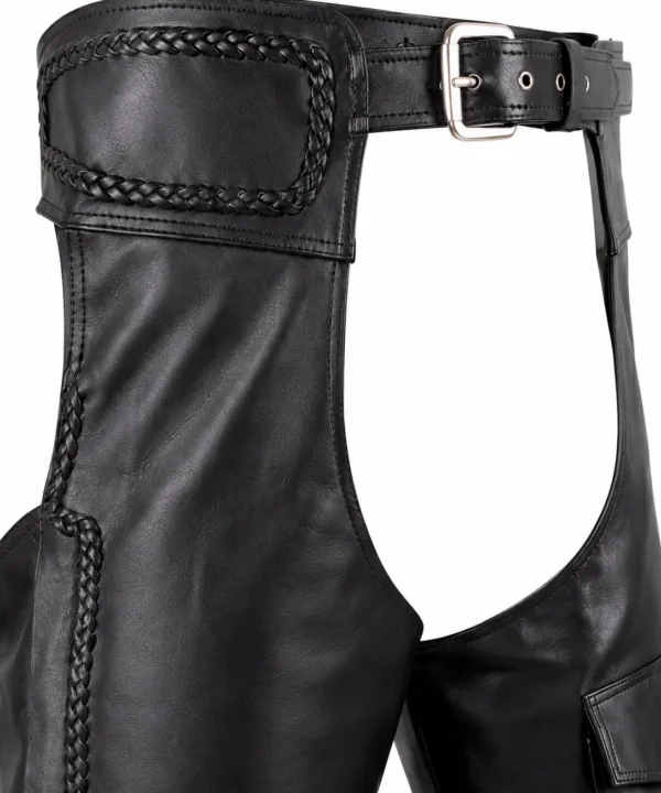 Braided Naked Cowhide Leather Chaps W/ Mesh & Zipout Lining - Black - Image 3