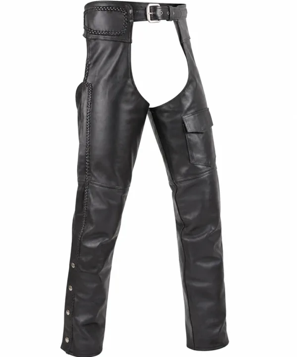 Braided Naked Cowhide Leather Chaps W/ Mesh & Zipout Lining - Black