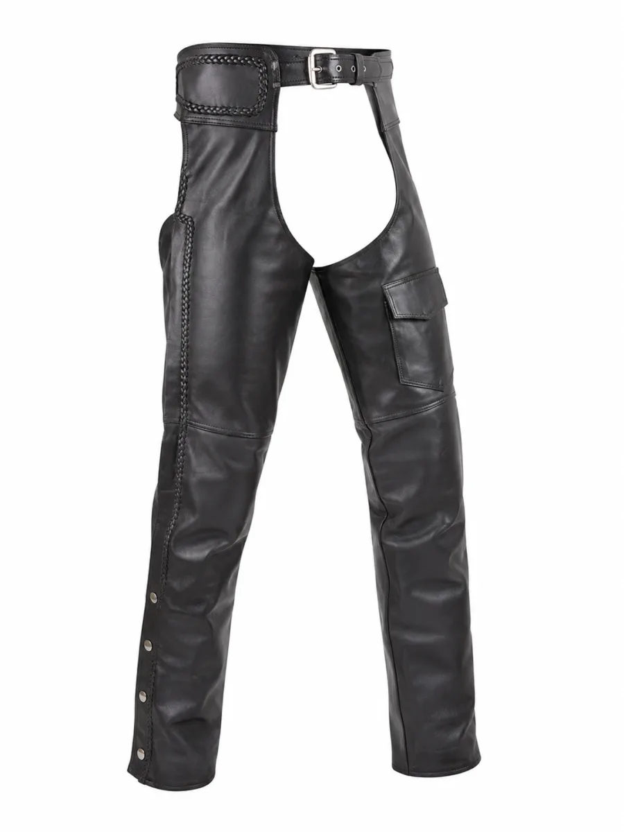 Braided Naked Cowhide Leather Chaps W/ Mesh & Zipout Lining - Black