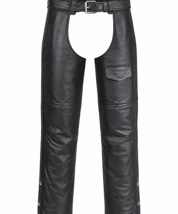Alternative view of Braided Naked Cowhide Leather Chaps W/ Mesh & Zipout Lining - Black
