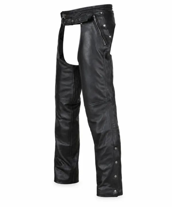 Dream Apparel Black 100% Genuine Leather Motorcycle Chaps Zip-Out Liner, 4 Pockets Biker Pants