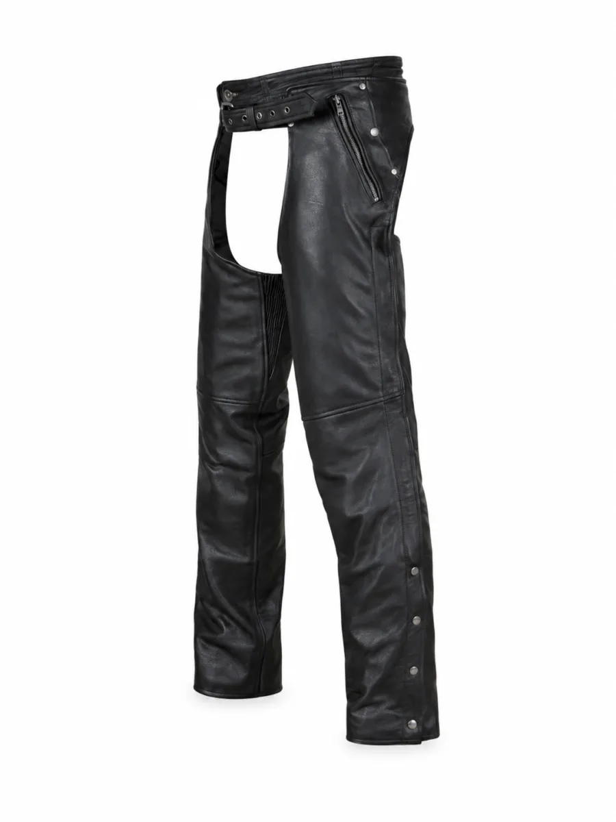 Dream Apparel Black 100% Genuine Leather Motorcycle Chaps Zip-Out Liner, 4 Pockets Biker Pants