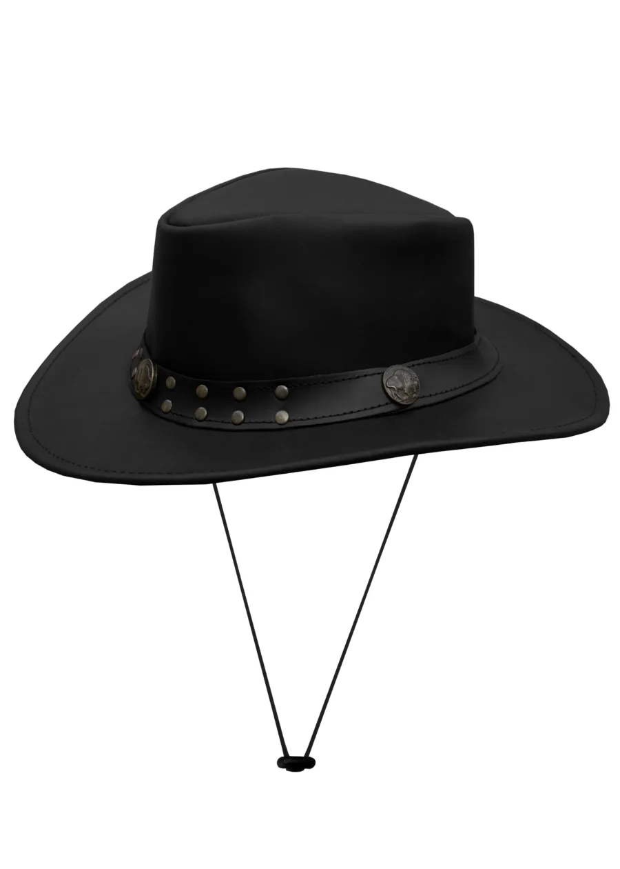 Dream Apparel Men’s Black Premium Leather Western Cowboy Studded Hat — Hats, Hasbro Leather