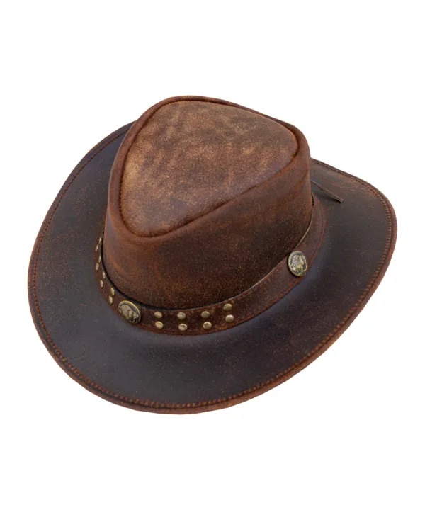 Dream Apparel Men’s Brown Top-Grain Premium Leather Western Cowboy Studded Hat — alternate view 3, Hasbro Leather