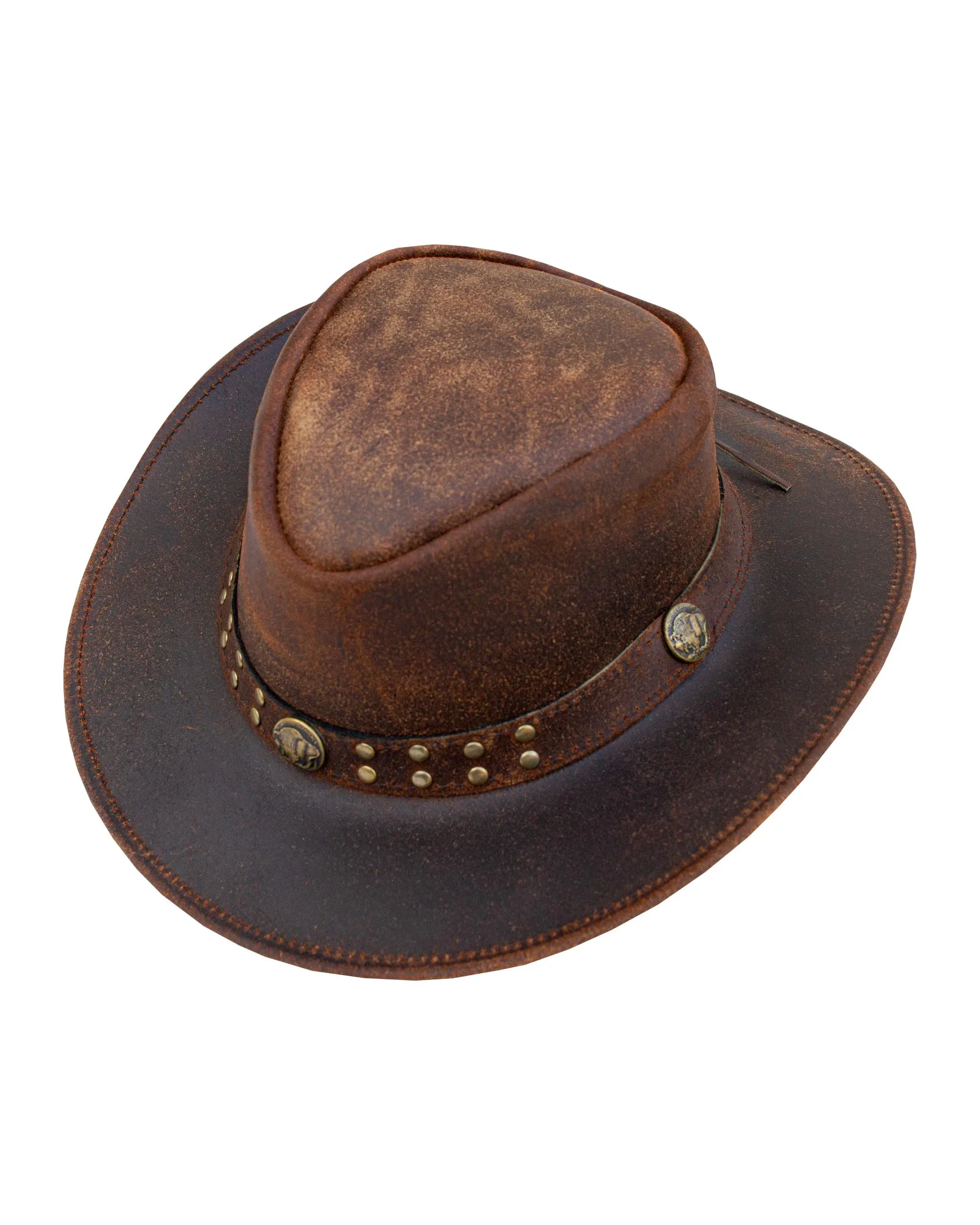 Dream Apparel Men’s Brown Top-Grain Premium Leather Western Cowboy Studded Hat — alternate view 3, Hasbro Leather