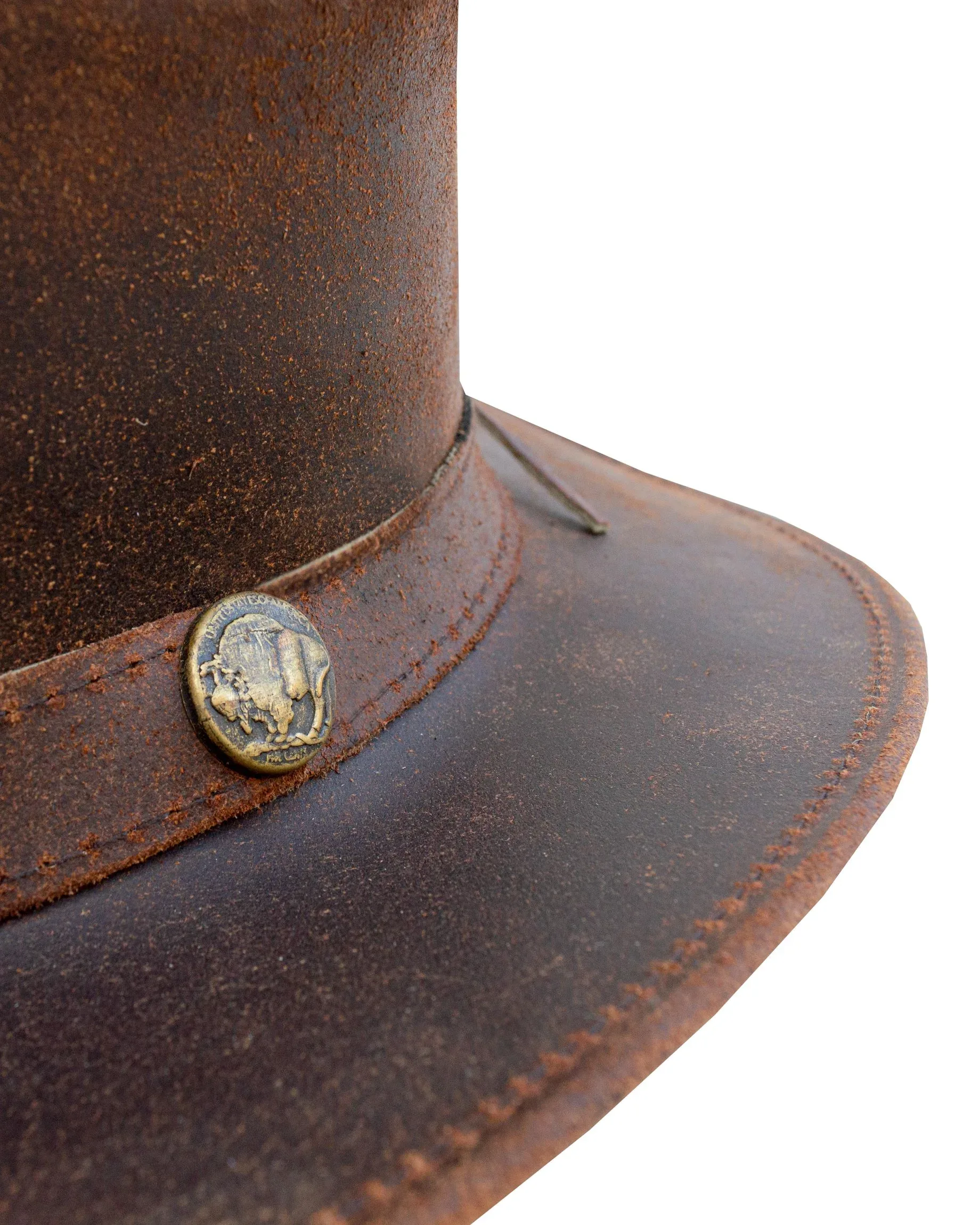 Dream Apparel Men’s Brown Top-Grain Premium Leather Western Cowboy Studded Hat — alternate view 2, Hasbro Leather