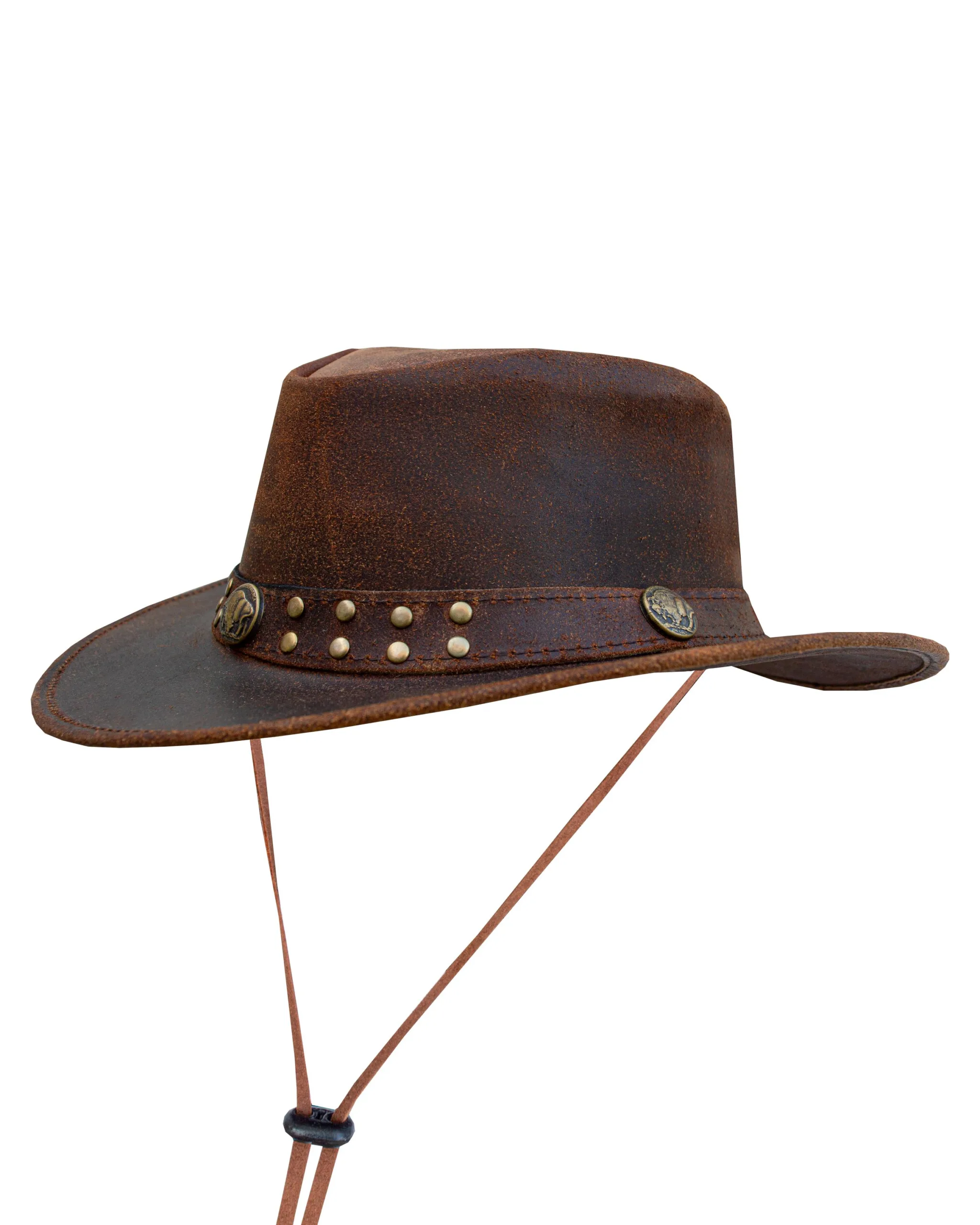 Dream Apparel Men’s Brown Top-Grain Premium Leather Western Cowboy Studded Hat — Hats, Hasbro Leather