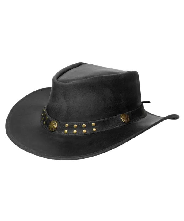 Dream Apparel Men’s Black Leather Cowboy Hat – Crackle-Finish Western Studded — alternate view 3, Hasbro Leather