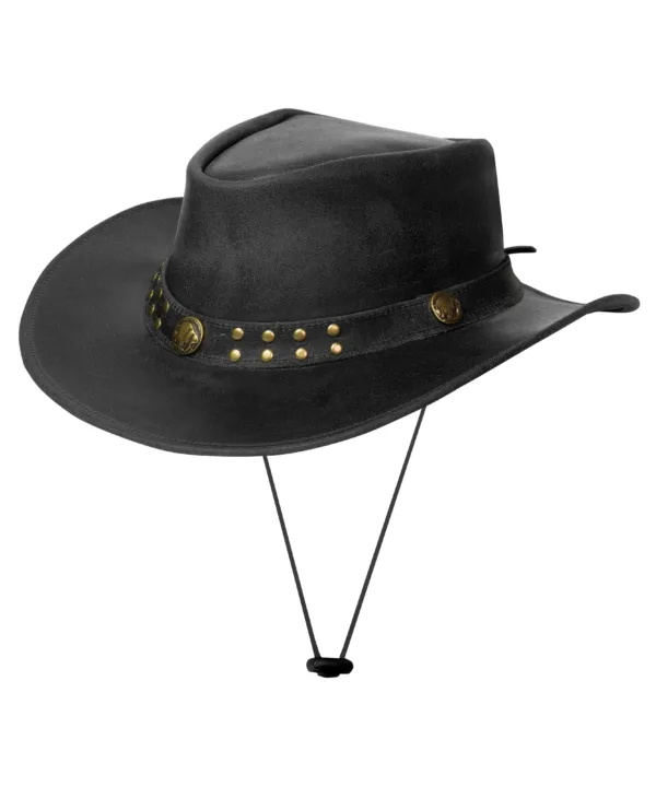Dream Apparel Men’s Black Leather Cowboy Hat – Crackle-Finish Western Studded — Hats, Hasbro Leather