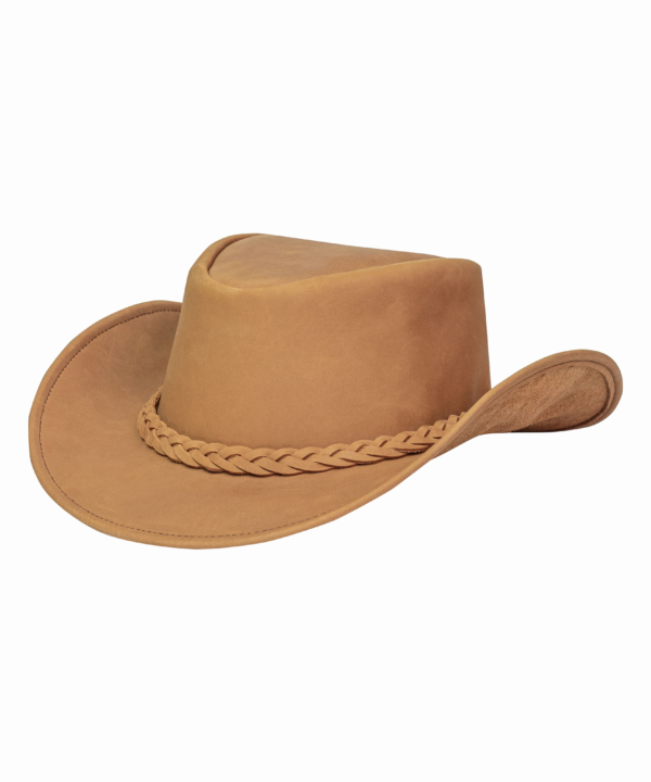 Dream Apparel Premium Leather Cowboy Hat – Western Steampunk Wide Brim with Braid (Camel) — alternate view 3, Hasbro Leather