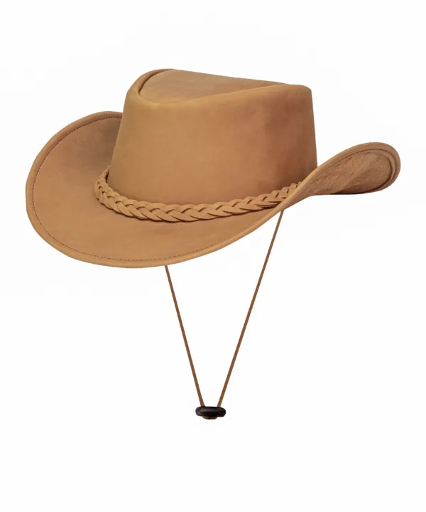 Dream Apparel Premium Leather Cowboy Hat – Western Steampunk Wide Brim with Braid (Camel) — Hats, Hasbro Leather