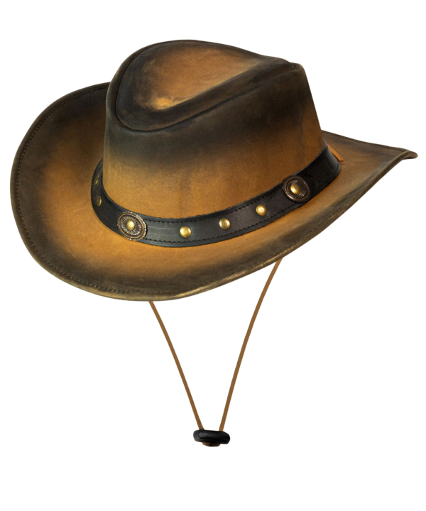 Leather Outback Cowboy Hat – Crackle-Finish Wide Brim with Studded Concho Hatband — Hats, Hasbro Leather
