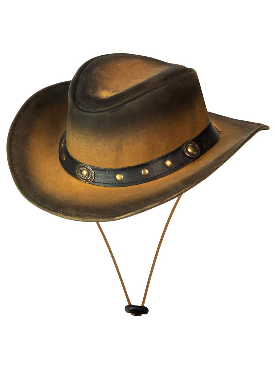 Leather Outback Cowboy Hat – Crackle-Finish Wide Brim with Studded Concho Hatband — Hats, Hasbro Leather