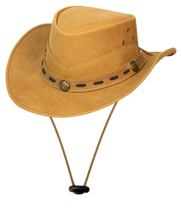 Leather Outback Cowboy Hat – Camel Crackle-Finish Wide Brim with Concho Hatband — Hats, Hasbro Leather