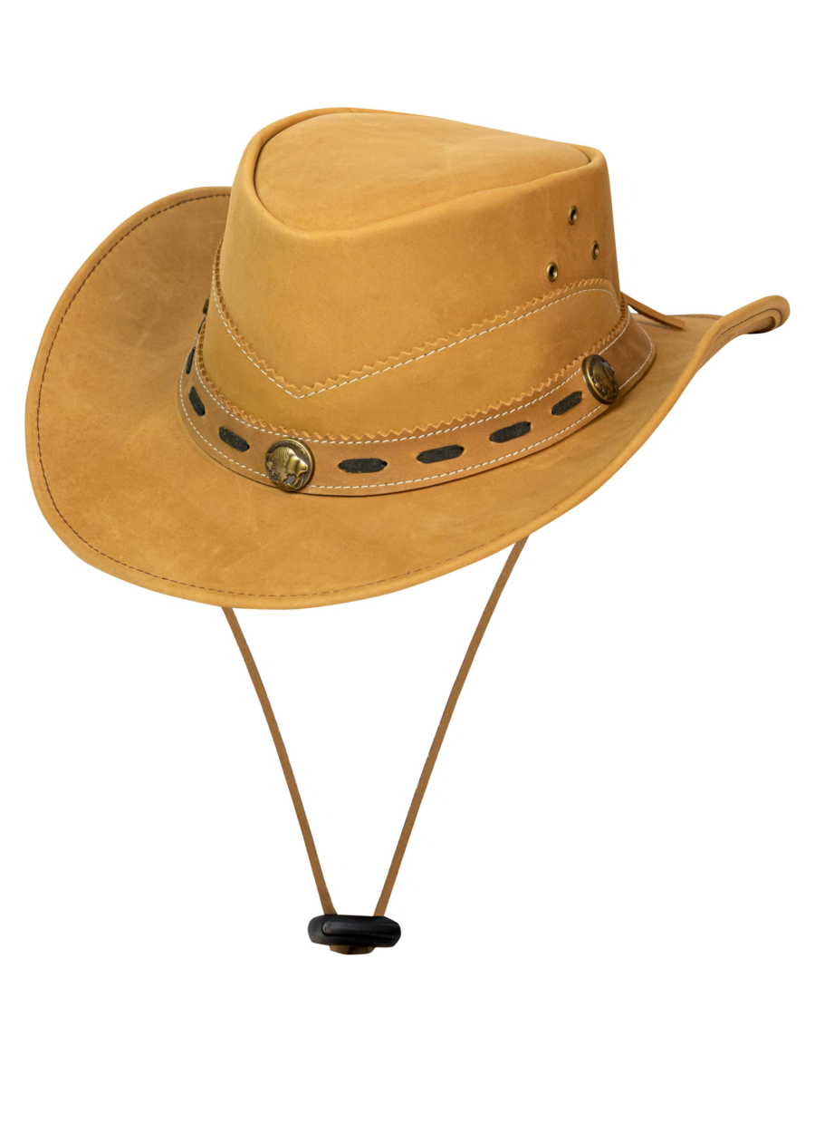 Leather Outback Cowboy Hat – Camel Crackle-Finish Wide Brim with Concho Hatband — Hats, Hasbro Leather