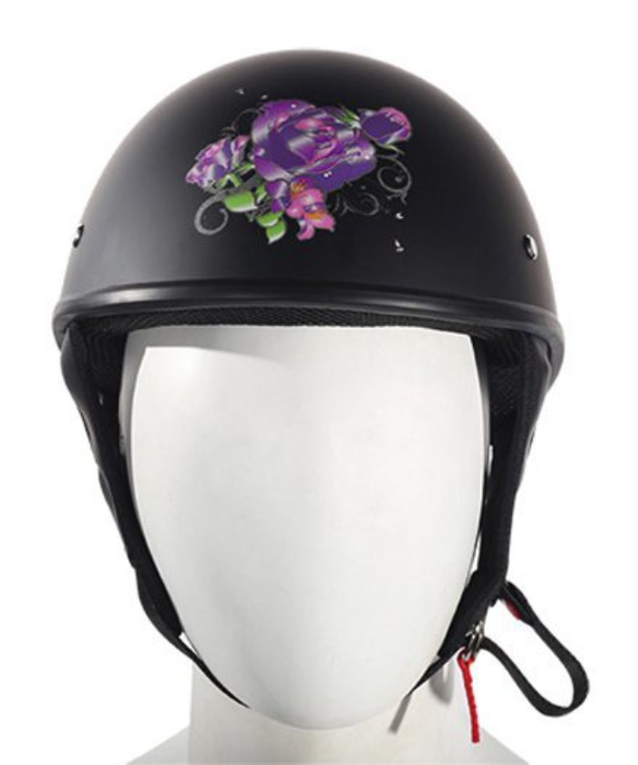Women’s Flat Black DOT Approved Helmet With Purple Rose Tribal Design — DOT Helmets, Hasbro Leather