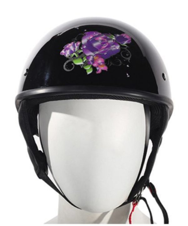 Glossy Black Helmet With Purple Rose Graphic; DOT Approved — DOT Helmets, Hasbro Leather