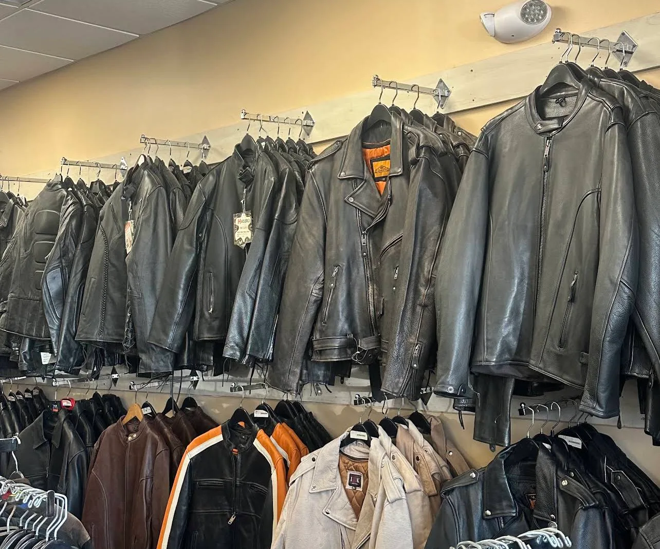 Wall of leather motorcycle jackets at Hasbro Leather