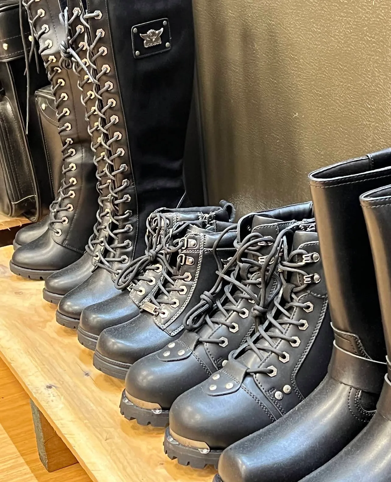 Leather motorcycle boots lineup at Hasbro Leather