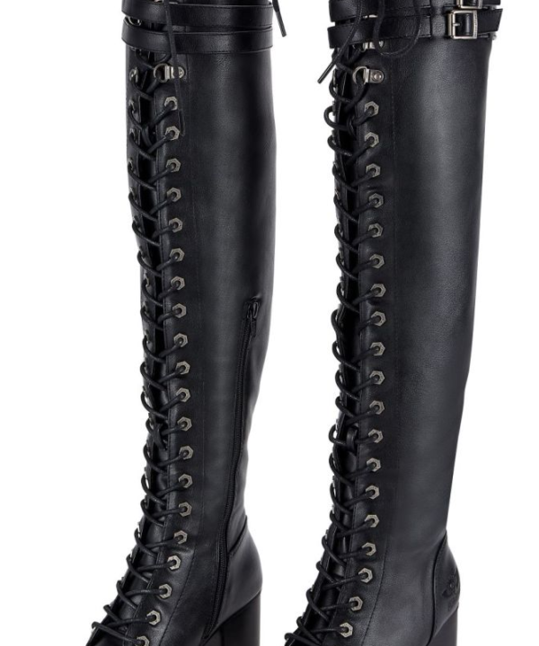 Women’s Knee High Laced Motorcycle Boots — Black Heeled — Women's Boots, Hasbro Leather