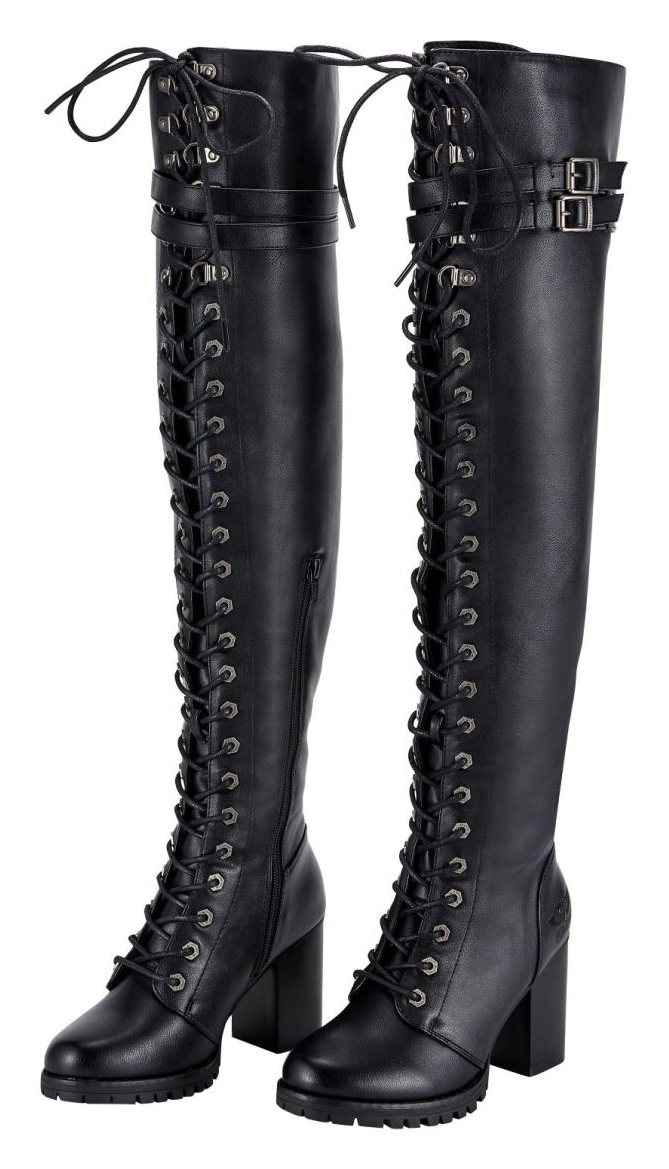 Women’s Knee High Laced Motorcycle Boots — Black Heeled — Women's Boots, Hasbro Leather