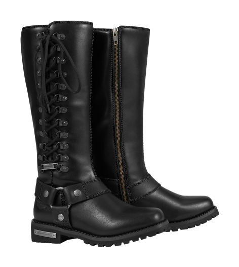 Women's genuine leather long biker boots with laces — black