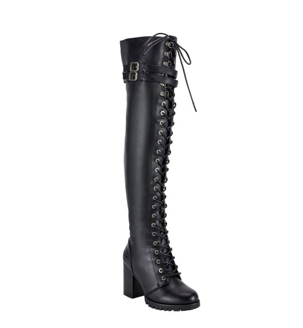 Women's Knee High Laced Motorcycle Boots — Black Heeled - Image 3