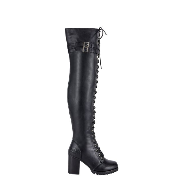 Women's Knee High Laced Motorcycle Boots — Black Heeled - Image 5