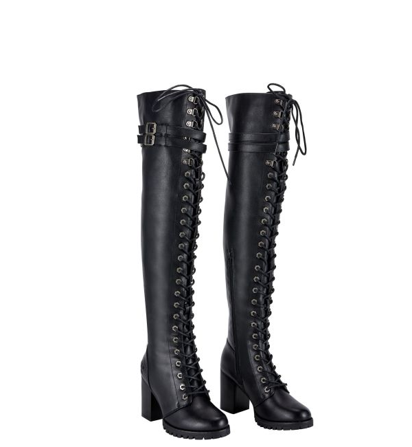 Women's Knee High Laced Motorcycle Boots — Black Heeled - Image 6