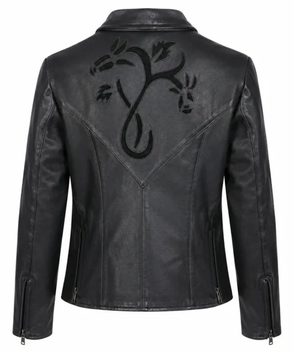 Alternative view of Women’s Black Leather Moto Jacket with Velvet Rose Detail