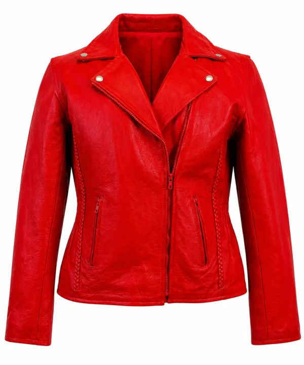 Women’s Red Leather Moto Biker Jacket – Genuine Leather