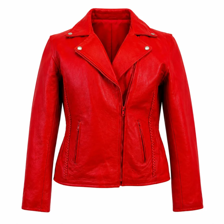 Women’s Red Leather Moto Biker Jacket – Genuine Leather