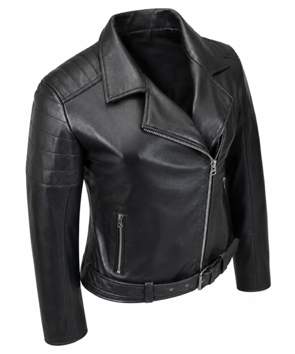 Women’s Black Lambskin Classic Motorcycle Leather Jacket - Image 4