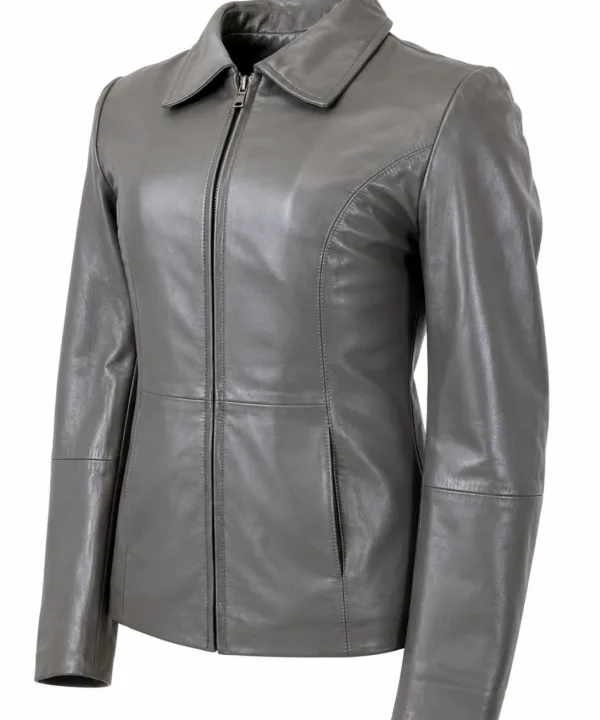 Women’s Grey Lambskin Leather Jacket – Soft & Lightweight - Image 4